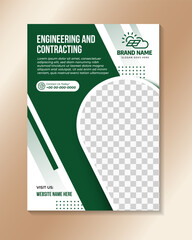 Wall Mural - A4 vector business engineering and construction flyer design template. green shape element isolated on white background. vector illustration with space for photo.