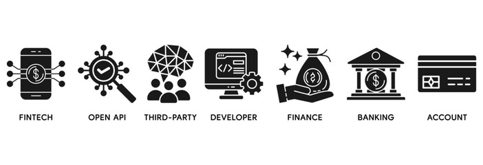 Open banking icon set vector illustration concept relate to financial technology with an icon of the fintech, coding, open API, finance, banking, third party developer, and account