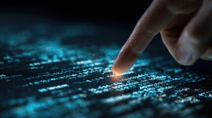 A fingertip hovers over a glowing, digital text interface, showcasing a close-up interaction with a screen filled with lines of code