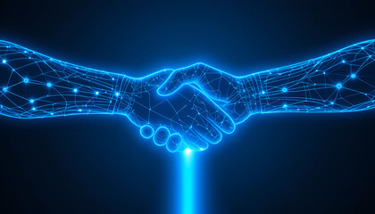 Digital handshake with glowing blue lines and dots on a dark background representing technology