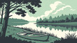 © ali - Lake scene with boat and trees vector illustration for nature landscape and outdoor adventure graphic design