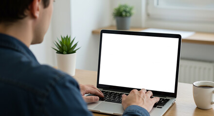 man uses a laptop computer with a blank white screen mockup for a website advertising concepts related to technology, services, video calls, and online appointments. Over-the-shoulder view.