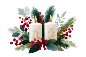 Wall Mural - two burning candles with christmas decoration, pine branches and red berries creating a festive atmo