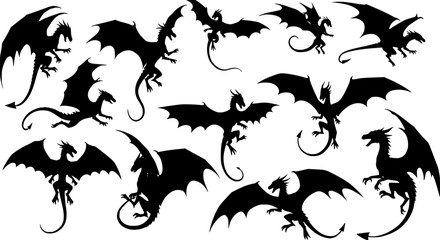  a variety of dragon silhouettes, mythical creatures, black color, vector

