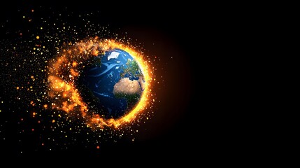Wall Mural - The image showcases a vibrant, detailed globe against a dark background, enveloped by a glowing, fiery aura composed of orange and yellow particles, suggesting energy.