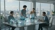 © A R - Dynamic team collaborates using futuristic holographic interface in a modern office with city views