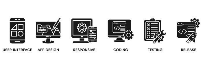 App development icon set vector illustration concept relate to user interface, app design, responsive, coding, testing and release