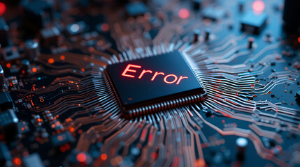 a close-up of a microchip displaying an 'error' message in vibrant red. represents technology malfun