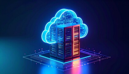 Futuristic data center with illuminated screens displaying code and da