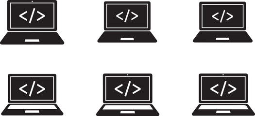 Coding Laptop Silhouette Icon Set – Black Vector Illustration