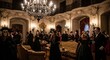 © Neuroworld - A Halloween party in an elegant room. Guests wear black costumes and skull makeup. A chandelier hangs above a vintage sofa. The atmosphere is festive and spooky.