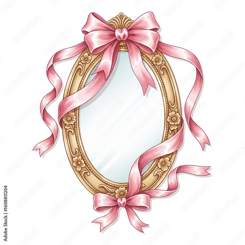 Elegant Oval Mirror Frame with Pink Ribbon and Floral Details Stock ...