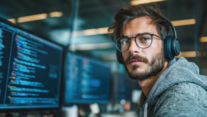 Focused professional wearing headphones looks intently at the camera while working with code on multiple computer screens in a modern .