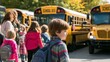 © 锴 张 - Elementary school boy with backpack standing in front of a yellow school bus on a sunny day, surrounded by children parents, as a teacher assists students boarding, symbolizing education daily commute