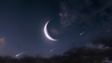 Wall Mural - shooting stars and a big moon in the sky. night landscape with a crescent moon and meteors. fairytal