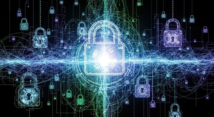 Digital security concept with padlocks and network connections in abstract background.