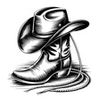 © Vistara - Vector Illustration Frame from rope lasso with cowboy boots and hat in engraving style. Design element for sign, poster, card, banner
