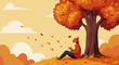 © Hadi - Flat vector of a person reading a book under a tree on a hill, autumn breeze swirls and fallen leaves