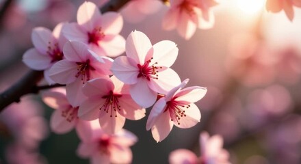 Wall Mural - tree branch pink cherry blossoms illuminated sun creating beautiful vibrant scene