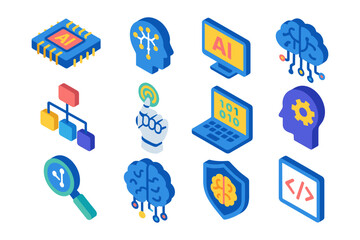 Wall Mural - Isometric ai and technology icons with neural network and code elements