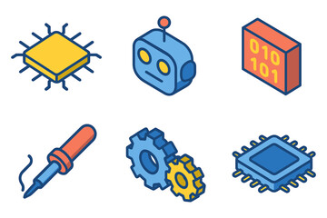 Wall Mural - Set of isometric technology icons featuring chip, robot, and tools