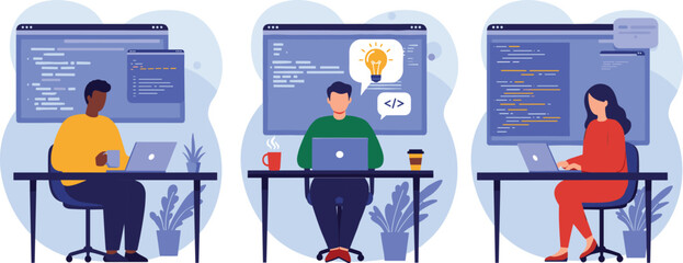 dynamic programmers developing innovative software, coding responsive websites, collaborating on