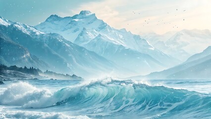 Naklejka na meble A dramatic winter seascape featuring powerful ocean waves crashing on a shore with a majestic snow-covered mountain range background.