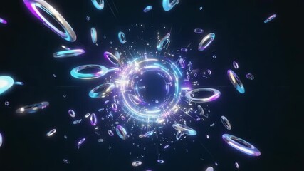 Wall Mural - bright neon circle exploding with metallic rings creates a vibrant and dynamic visual effect, ideal 