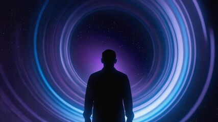 Wall Mural - silhouetted businessman entering a swirling purple and blue wormhole, surrounded by stars, symbolizi