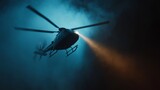 police helicopter hovering above crime scene with light beam, dramatic tension