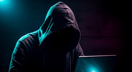 Wall Mural - hooded figure using laptop in dark, neon-lit setting, symbolizing anonymity, secrecy, or online acti