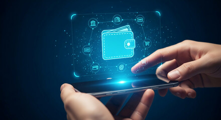 Wall Mural - hands hold phone displaying digital wallet interface, showcasing online banking, payments, and e-com