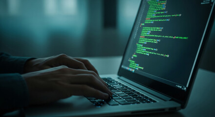 Wall Mural - close-up of hands typing code on laptop keyboard, screen displays lines of code, showcasing late-nig