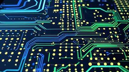Abstract visualization of a futuristic computer motherboard with glowing green and blue electronic circuit pathways representing data flow.