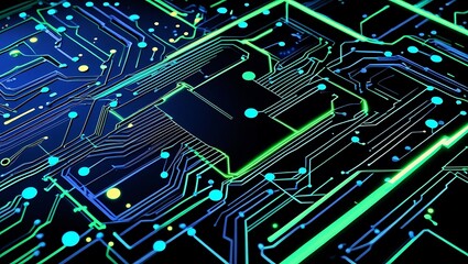 Abstract technology background with glowing blue and green electronic circuits representing network connections and data flow.