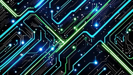 Abstract technology background with a glowing blue and green motherboard pattern representing data communication and digital networks.