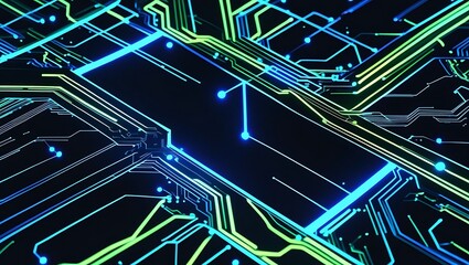 Futuristic technology concept with glowing neon circuit board lines. Abstract digital data network background.