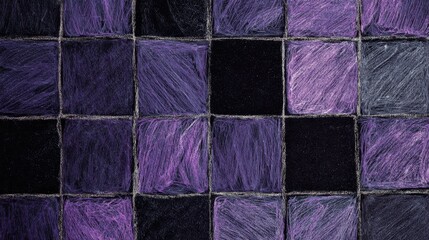 Abstract checkered pattern with dark squares and purple textured blocks, evoking a sense of mystery and modern textile design
