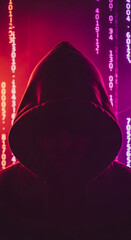Wall Mural - silhouette of hooded figure against vibrant red and pink digital code background, conveying mystery,
