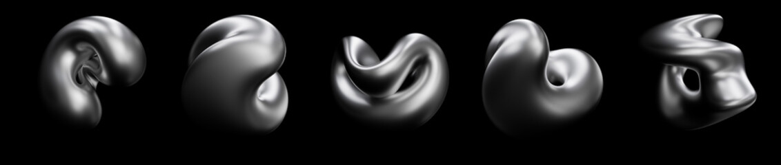 3D rendering smooth, abstract metallic form in dark chrome. Dynamic twist shape design element set