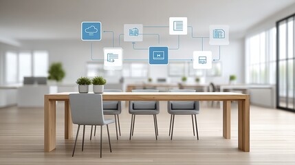 Wall Mural - Collaborative Workspace with Floating Icons in Modern Environment