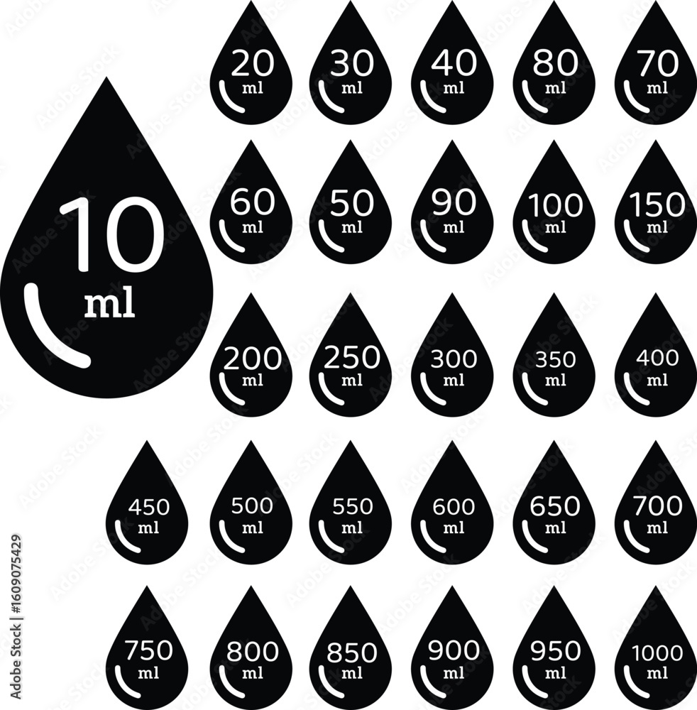 set of black liquid volume measurement icons in milliliters from 10 ml ...