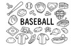 © 123levit - Baseball doodle icons set: hand-drawn elements, equipment, food, and stadium in sketch style