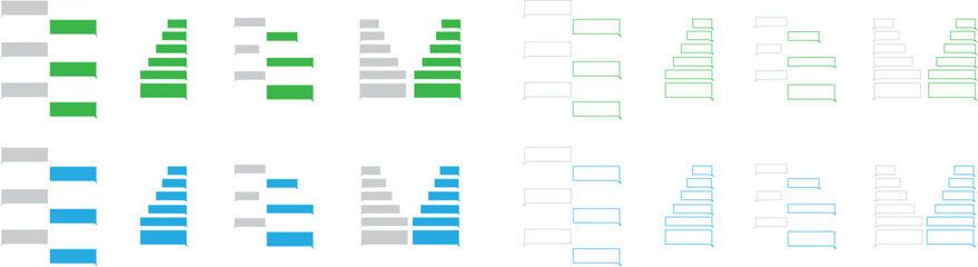 Set of chatting SMS icons with green and blue message bubbles. Conversation symbol collection, text dialog group, mobile chat interface, messaging app, and communication vector graphics