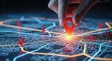 Hand pinpointing a strategic location with a red marker on a futuristic digital map