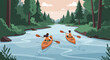 © David - Caucasian young adults kayaking on peaceful forest river at sunset. Vector illustration