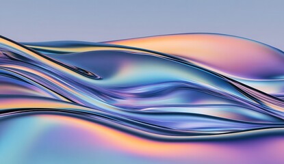Iridescent holographic fluid abstract background, liquid metal, shiny glossy waves, 3D render.