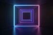© anika - 3D render, abstract futuristic background with neon glowing square lines in blue and purple colors on a black backdrop, empty virtual space for design. Glowing digital tunnel or.
