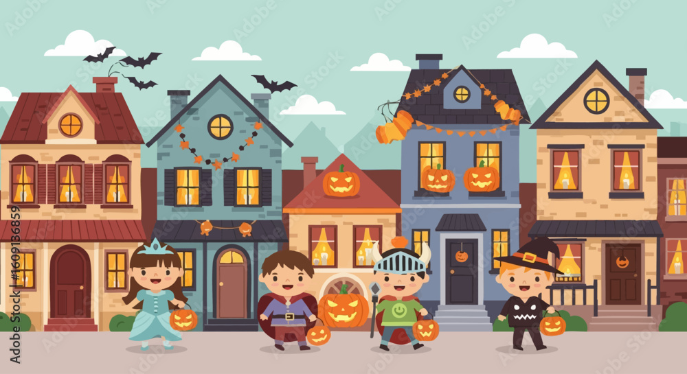 Festive neighborhood scene with children in Halloween costumes trick-or ...