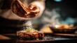© Terablete - Chef delicately seasons grilled steak with herbs and salt in a cozy kitchen setting during dinner preparation